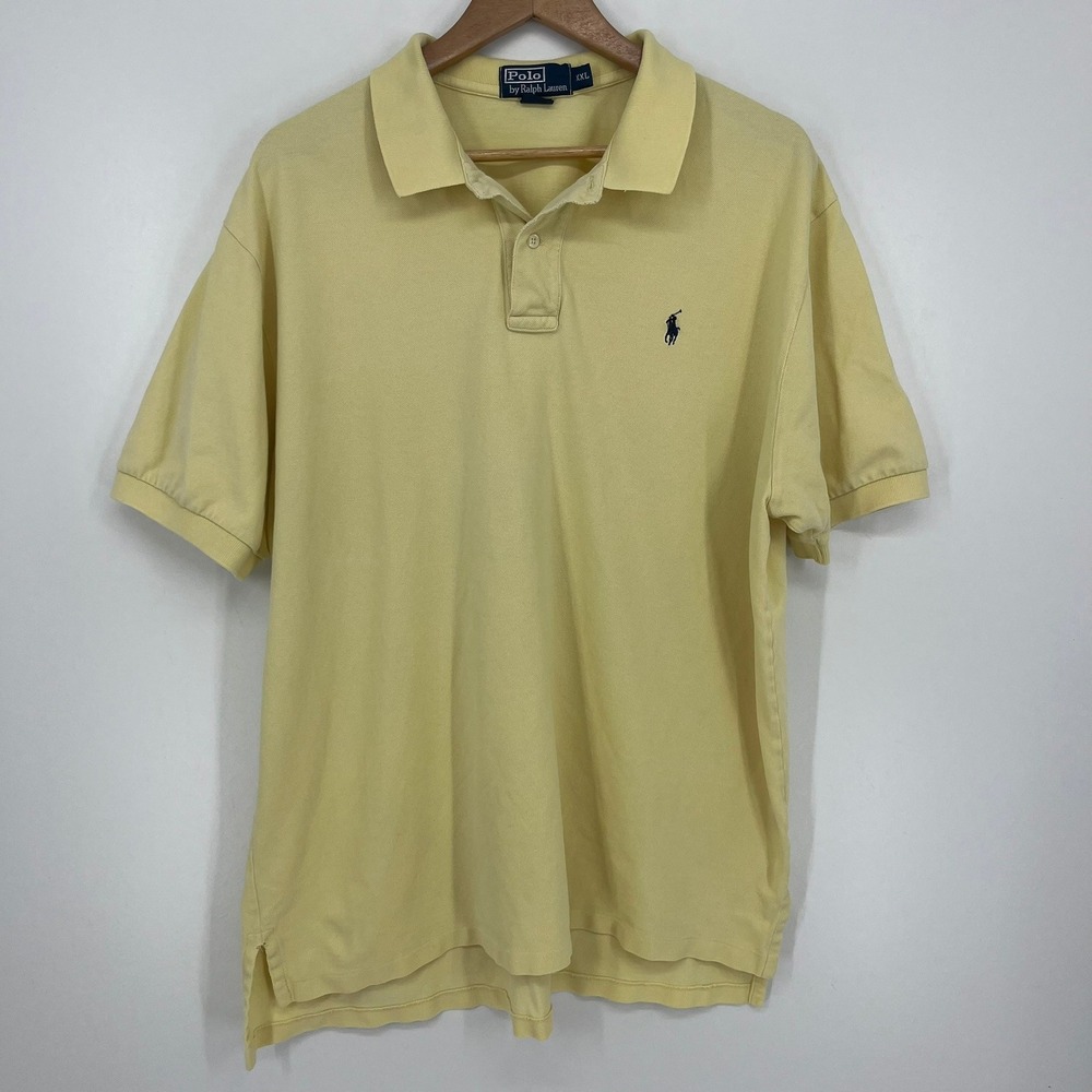 Polo Ralph Lauren Mens XXL Yellow Short Sleeve Cotton Pique Polo Shirt Navy Pony